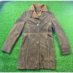 VTG Guess M Brown Suede Leather Casual Jacket Coat Faux Fur Lined Penny Lane Y2K